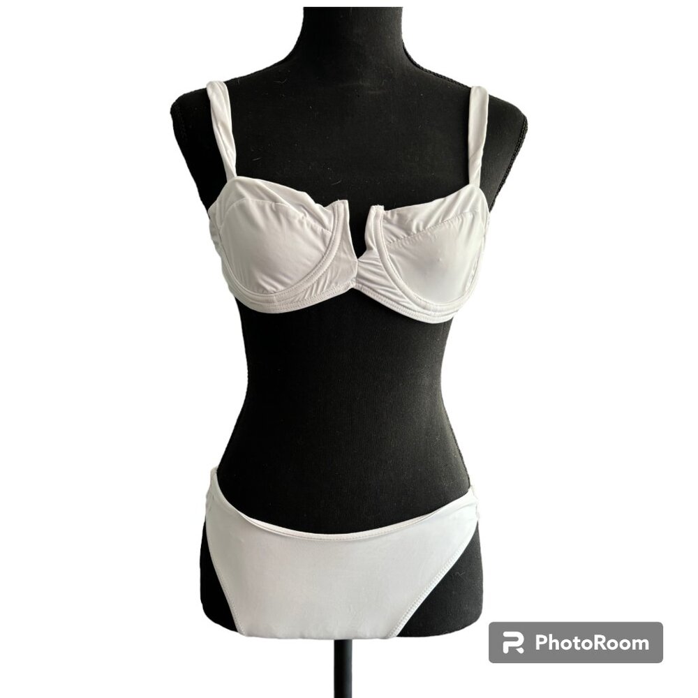 Women's White Underwire lined tie back high waisted cheeky 2 piece bikini swim S